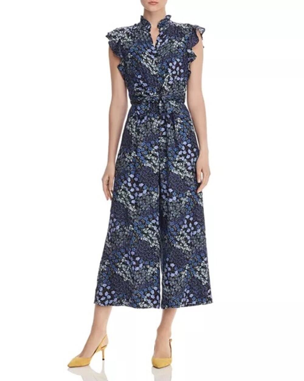 Rebecca Taylor Ava Blue Floral Print Wide Leg Silk Jumpsuit Size 0